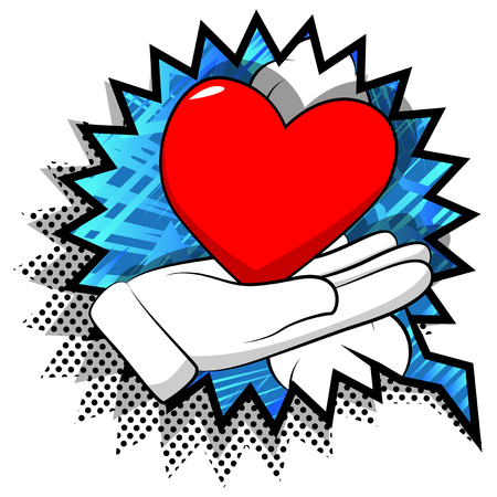 Vector cartoon hand showing red heart. Illustrated sign on comic book background.のイラスト素材