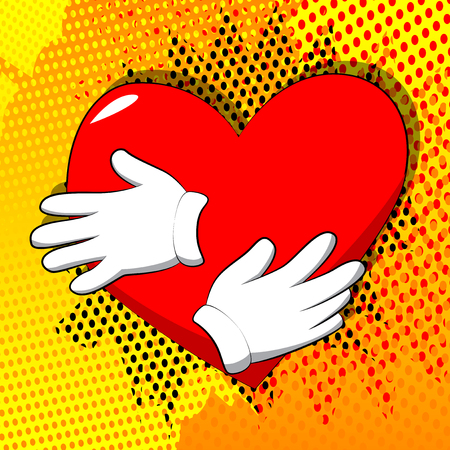 Vector cartoon hand hugging red heart. Illustrated sign on comic book background.のイラスト素材