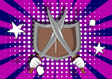 Vector cartoon hands holding two swords with shield. Illustrated sign on comic book background.のイラスト素材