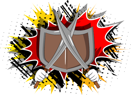 Vector cartoon hands holding two swords with shield. Illustrated sign on comic book background.のイラスト素材
