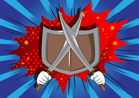 Vector cartoon hands holding two swords with shield. Illustrated sign on comic book background.のイラスト素材
