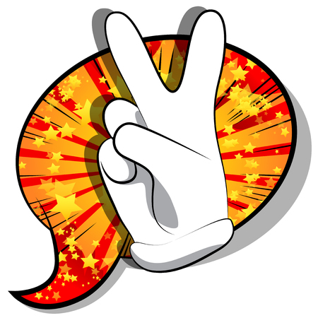 Vector cartoon hand showing the V sign. Illustrated hand sign on comic book background.のイラスト素材