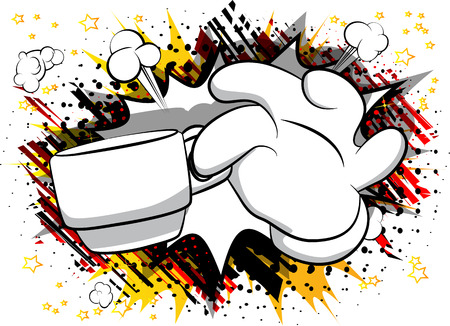 Vector cartoon hand holding a cup of coffee. Illustrated hand gesture on comic book background.のイラスト素材