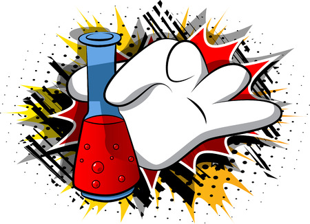 Vector cartoon hand holding a test tube. Illustrated hand on comic book background.のイラスト素材