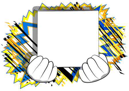 Vector cartoon hand holding a big white box. Illustrated hand on comic book background.のイラスト素材