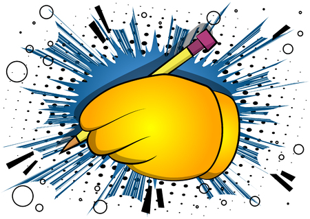 Vector cartoon hand writing with pencil. Illustrated sign on comic book background.のイラスト素材