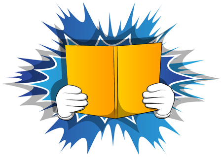 Vector cartoon hand holding a book. Illustrated hand with opened book on comic book background.のイラスト素材