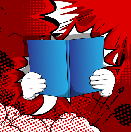 Vector cartoon hand holding a book. Illustrated hand with opened book on comic book background.のイラスト素材