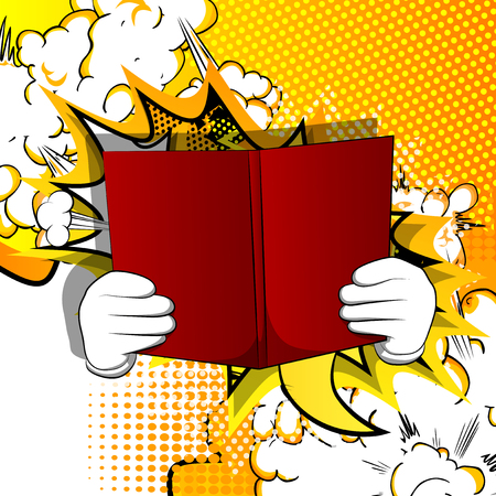 Vector cartoon hand holding a book. Illustrated hand with opened book on comic book background.のイラスト素材