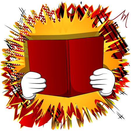 Vector cartoon hand holding a book. Illustrated hand with opened book on comic book background.のイラスト素材