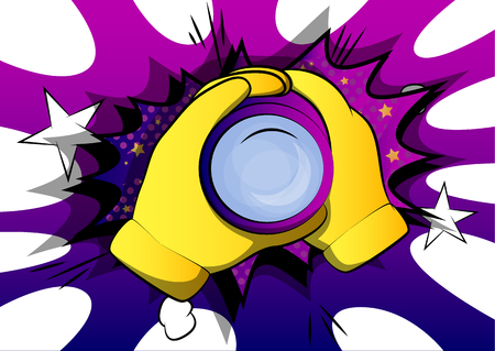 Vector cartoon hand holding a binocular to look through. Illustrated sign on comic book background.のイラスト素材