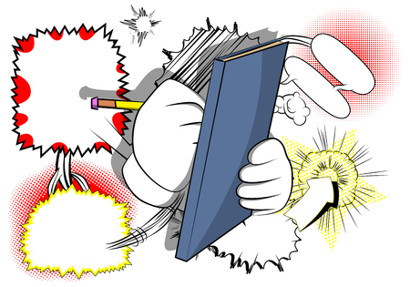Vector cartoon hand writing with pencil on a books cover. Illustrated sign on comic book background.のイラスト素材