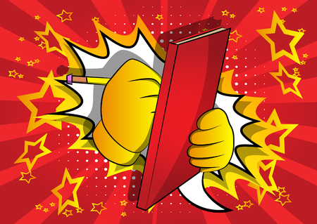 Vector cartoon hand writing with pencil on a books cover. Illustrated sign on comic book background.のイラスト素材