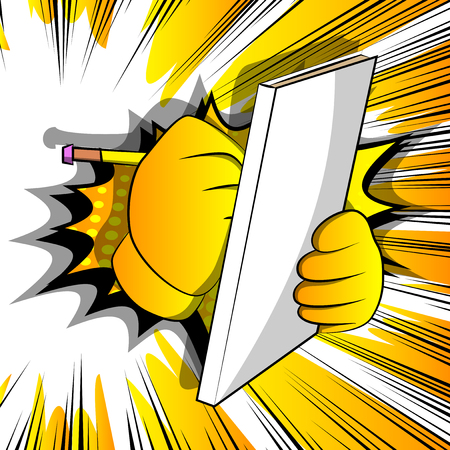 Vector cartoon hand writing with pencil on a books cover. Illustrated sign on comic book background.のイラスト素材