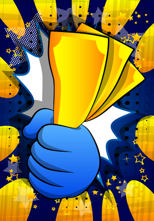 Vector cartoon hand holding or showing money bills. Illustrated hand on comic book background.のイラスト素材