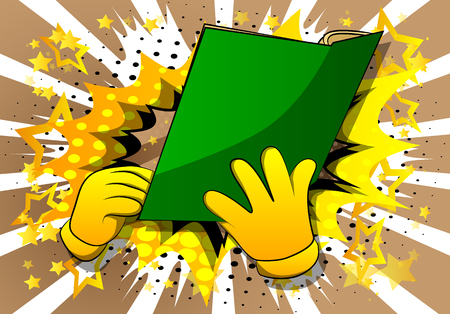 Vector cartoon hand holding a book. Illustrated hand on comic book background.のイラスト素材