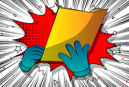 Vector cartoon hand holding a book. Illustrated hand on comic book background.のイラスト素材