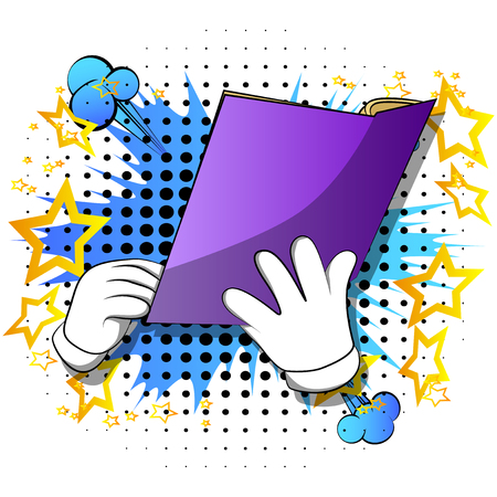 Vector cartoon hand holding a book. Illustrated hand on comic book background.のイラスト素材