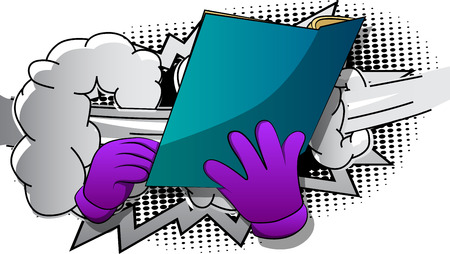 Vector cartoon hand holding a book. Illustrated hand on comic book background.のイラスト素材