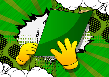 Vector cartoon hand holding a book. Illustrated hand on comic book background.のイラスト素材