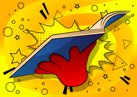 Vector cartoon hand holding a book. Illustrated hand on comic book background.のイラスト素材