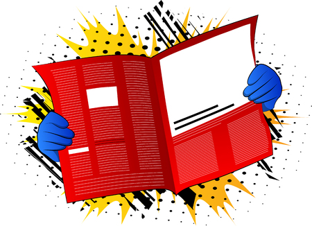 Vector cartoon hand holding a newspaper. Illustrated hand on comic book background.のイラスト素材