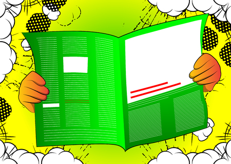 Vector cartoon hand holding a newspaper. Illustrated hand on comic book background.のイラスト素材
