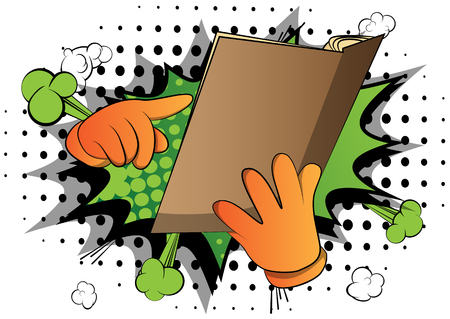 Vector cartoon hand holding and pointing at an opened book. Illustrated hand on comic book background.のイラスト素材