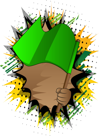 Vector cartoon hand holding a flag. Illustrated hand on comic book background.のイラスト素材