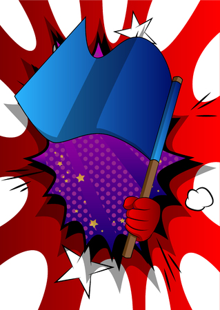 Vector cartoon hand holding a flag. Illustrated hand on comic book background.のイラスト素材