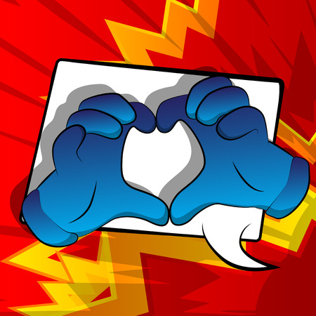 Vector cartoon hands showing heart shape hand gesture. Illustrated hand sign on comic book background.のイラスト素材