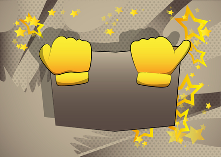 Vector cartoon hand holding a book, hiding behind it. Illustrated hand on comic book background.のイラスト素材