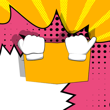 Vector cartoon hand holding a book, hiding behind it. Illustrated hand on comic book background.のイラスト素材