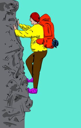 Vector illustrated young man climbing rocky wall with blue sky on the background.のイラスト素材