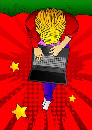Pop Art Businesswoman working from home - comic book style, cartoon woman with laptop. Freelance woman work in comfortable conditions. Top view illustration.のイラスト素材