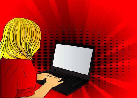 Pop Art Businesswoman working from home - comic book style, cartoon woman with a laptop. Freelance woman work in comfortableのイラスト素材