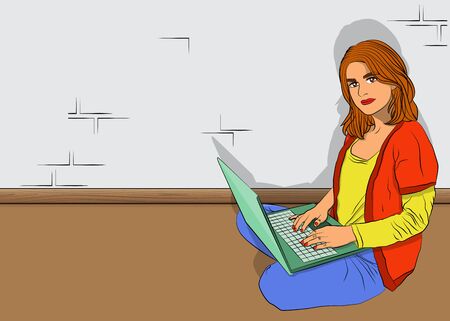 Pop Art Businesswoman working from home - comic book style, cartoon woman with a laptop. Freelance woman work in comfortableのイラスト素材