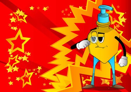 Cartoon Bottle of hand sanitizer gel with angry face holding a magnifying glass, Expressions vector.のイラスト素材