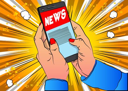 Online news on a mobile phone. Close up of businesswoman holding her smartphone. Newspaper portal on internet - comic book style, cartoon vector illustration.のイラスト素材