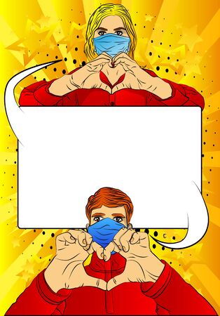 Pop Art Young handsome man and beautiful woman wearing face mask and doing love sign with their hands - comic book style, cartoon vectorのイラスト素材