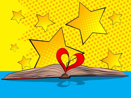 Illustration of Opened book with sheets in the form of heart - comic book style, cartoon vector illustrated.のイラスト素材