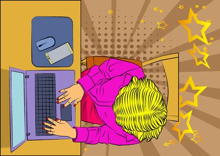 Woman working on a laptop computer from top view - comic book style, cartoon vector illustration.のイラスト素材