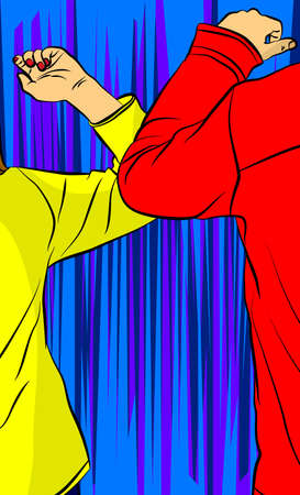 Elbow bump. New greeting instead a handshake or hug to avoid the spread of a virus. - comic book style, cartoon vector illustration.のイラスト素材
