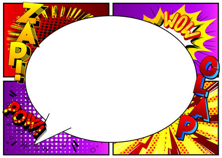 Vector pop-art style comic book page template background with explosions, speech bubble, halftone effects and rays.のイラスト素材