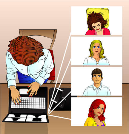 Top view of business woman talking to her colleagues in video conference. - comic book style, cartoon vector illustration.のイラスト素材