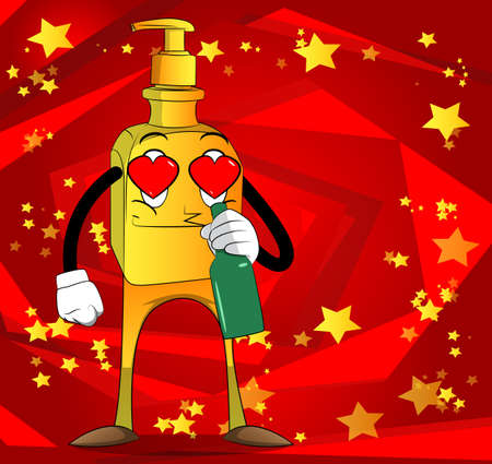 Bottle of hand sanitizer gel with face holding a bottle. Liquid soap for hygiene, virus protection. Vector Cartoon illustration.のイラスト素材