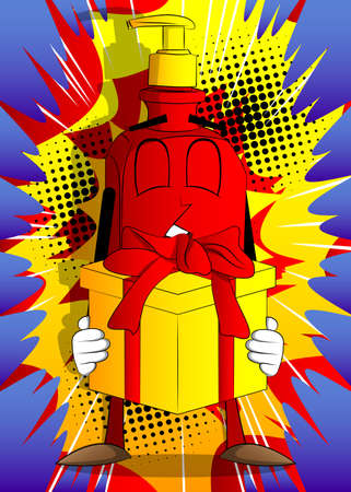 Cartoon bottle of hand sanitizer gel for hygiene with face holding big gift box.のイラスト素材