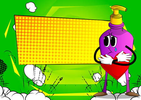 Cartoon bottle of hand sanitizer gel for hygiene with face, holding red heart in his hand.のイラスト素材