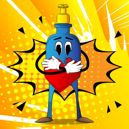Cartoon bottle of hand sanitizer gel for hygiene with face, holding red heart in his hand.のイラスト素材
