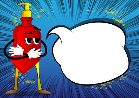 Cartoon bottle of hand sanitizer gel for hygiene with face, holding red heart in his hand.のイラスト素材